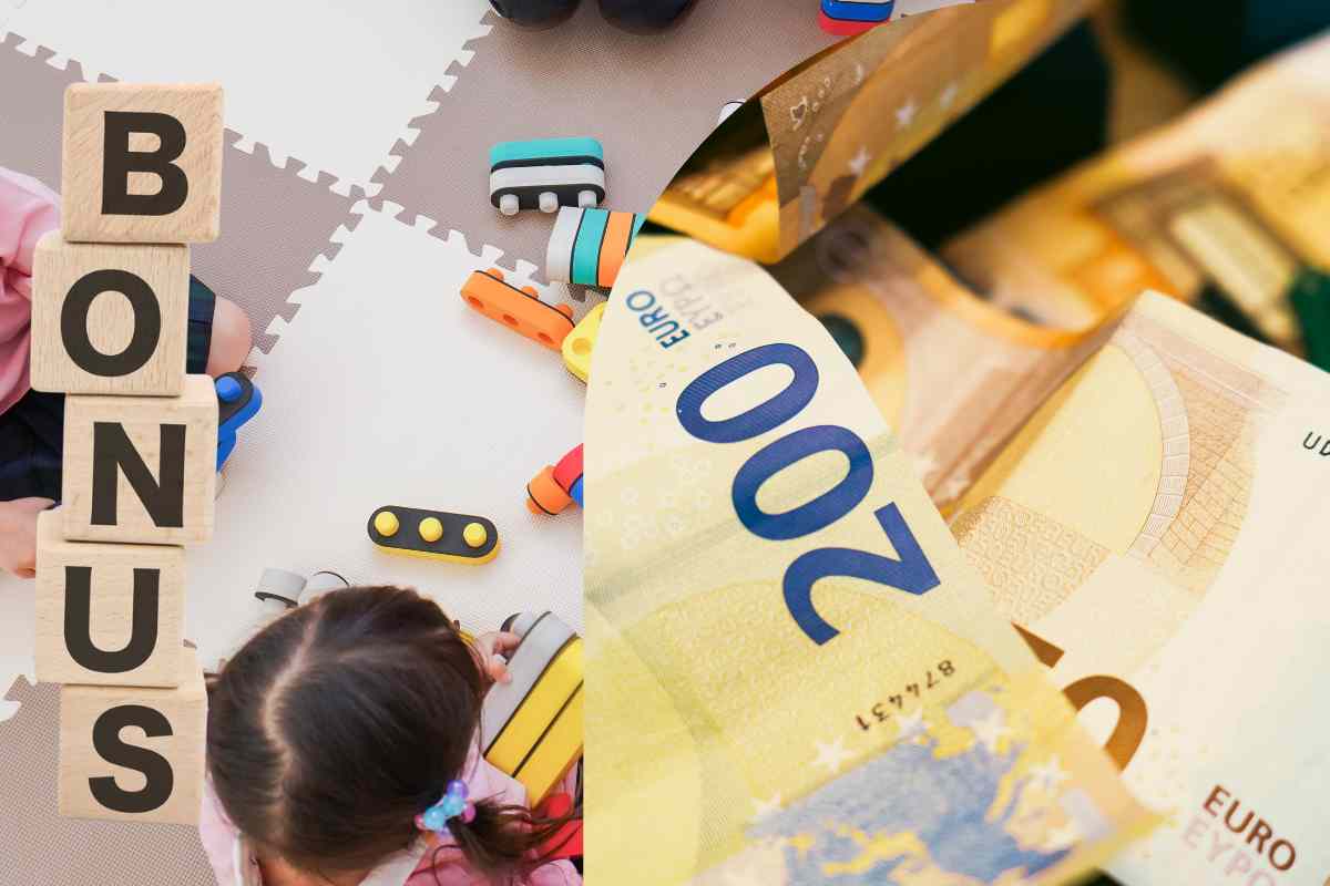 bambini che giocano, nel semicerchio banconote e sovrimpressa la scritta bonus