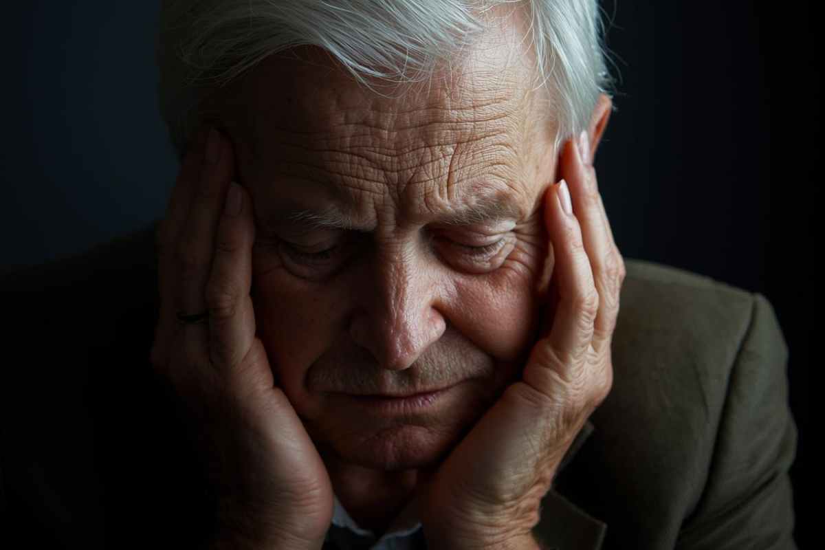 pensionato preoccupato con la testa tra le mani
