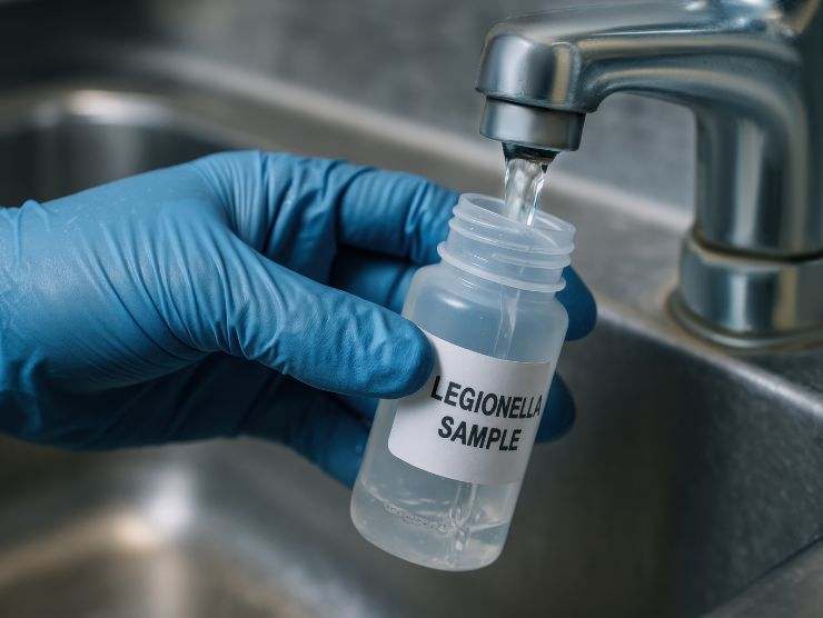 persona che prende un campione di acqua da un rubinetto